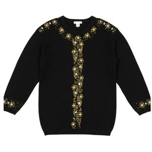 VTG ACCESSORY LADY Black BEADED/RHINESTONES Floral PARTY Knit Sweater Sz M